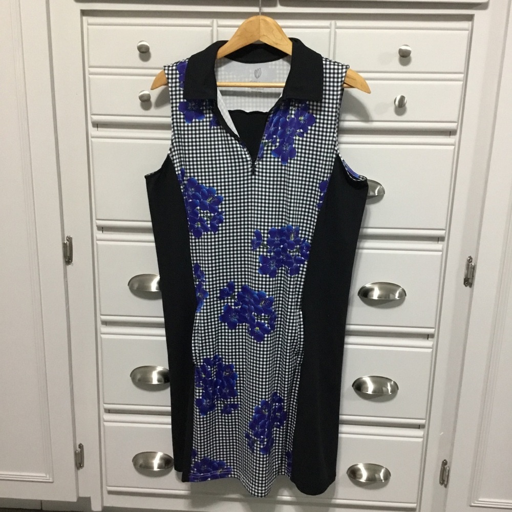 GG Blue Luxe Sport Golf Athletic Dress Black Gingham Blue Flowers size L